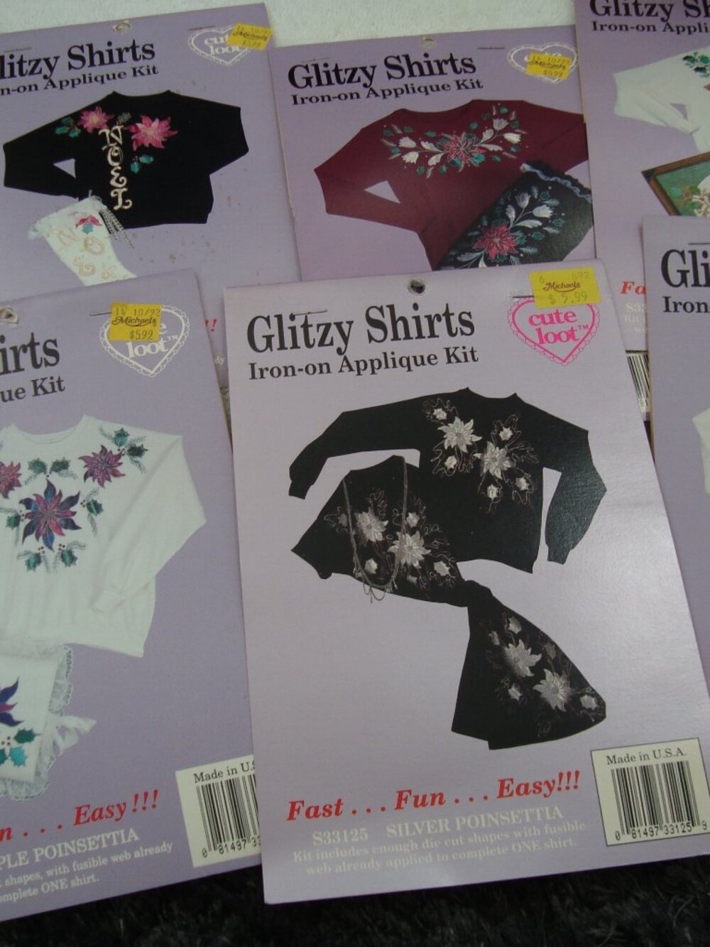 Lot of 7 Iron on Applique Kits Glitzy Shirts Cute Loot New
